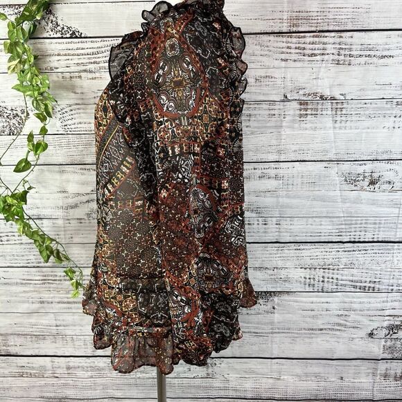 Miss Me Blouse Tunic size Small Black Brown Retro Sheer Ruffles Boho Peasant - Picture 11 of 13